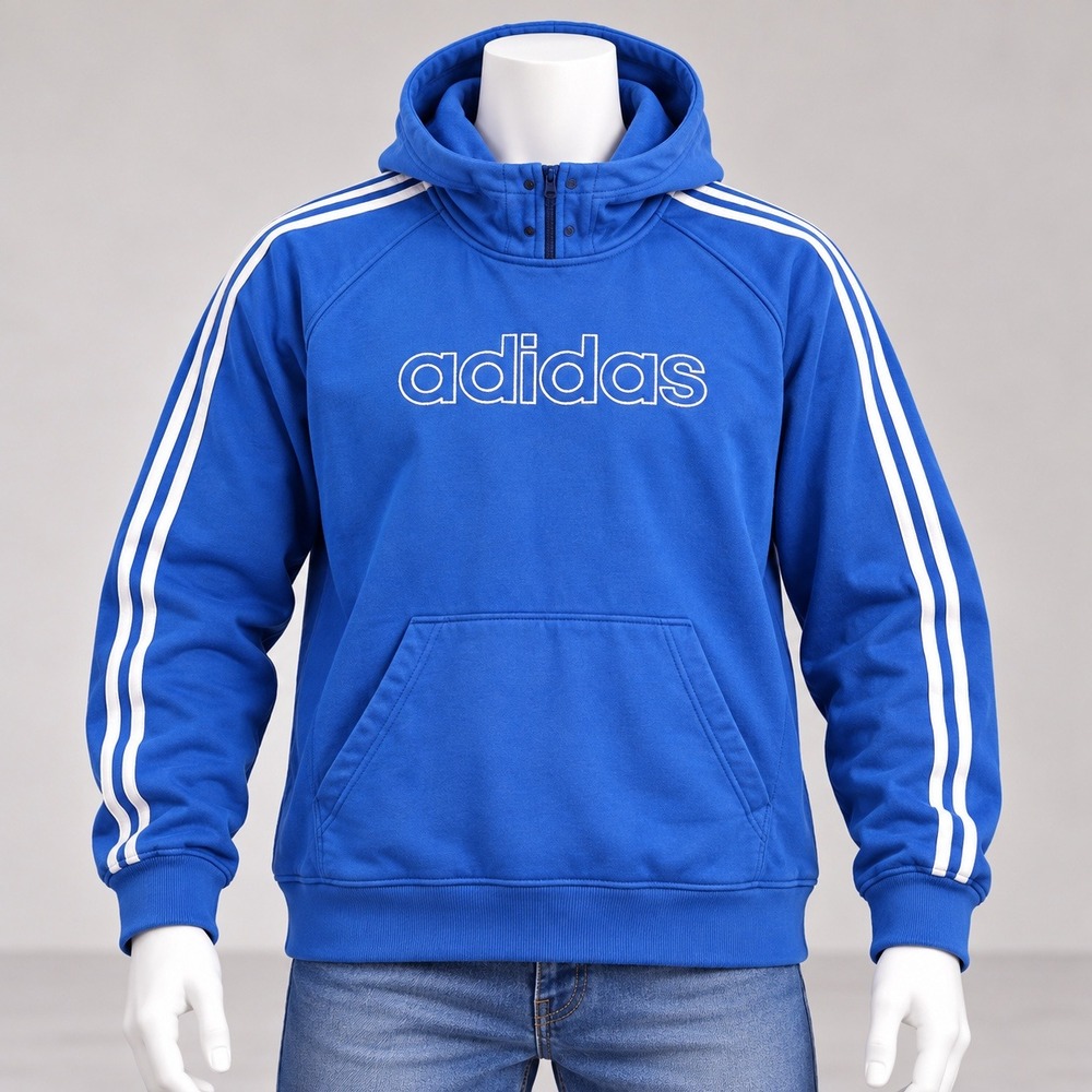 Adidas Hoodie Mens Large Blue 3-Stripe Logo Pullover Sweatshirt